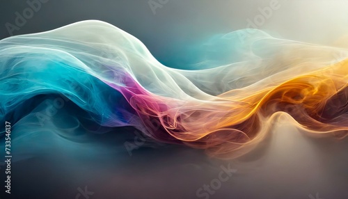 Colorful smoke forms waves on black background for product presentation