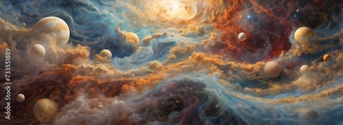 Banner universo de fantasia, nubes, planetas, nebulosas en el espacio, atractiva composicion.