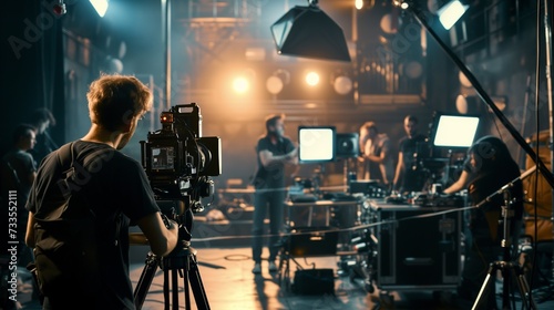 Inside the filmmaking process with a crew handling cameras, lighting, and set design on a film set.