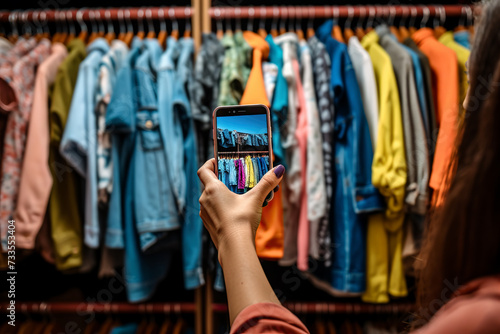 Woman taking a photo of an article of clothing to sell online. Concept of selling clothes online