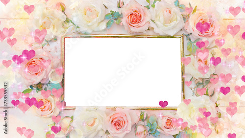 薔薇とハートの四角の金のフォトフレーム:幸せな結婚式をイメージした花嫁のための装飾