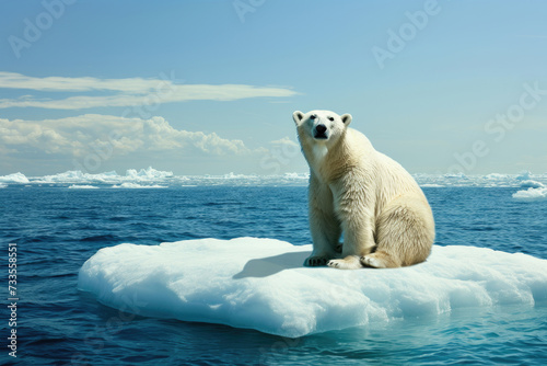 Global warming's impact. Polar bear on a lone ice floe in a tropical sea, bewildered