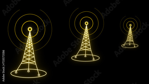 Yellow neon three wireless towers with radio waves on a black background. A neon-glow symbol of a three-broadcast tower on a black background. Three-cell signal or radio network antenna line icon