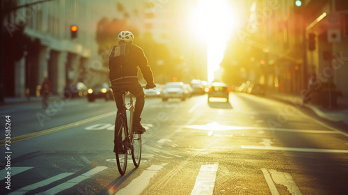 Biking to Work: A person biking to work through city streets, reducing carbon footprint and promoting healthy living.