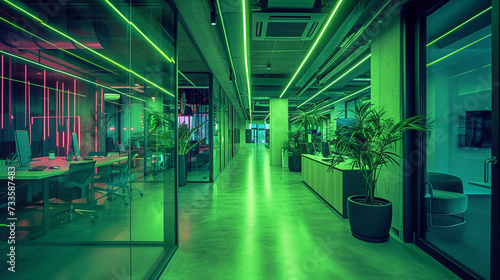 Neon-lit green energy startup hub pioneering business efficiency