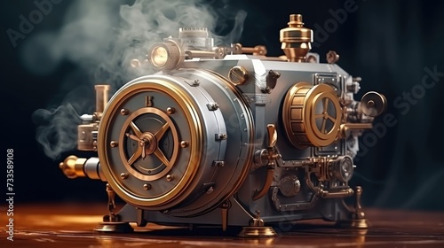 A steampunk machine. It appears to be a complex device with many gears, pipes, and valves. 