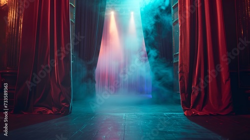 Mysterious stage with red curtains, smoke, and dramatic lighting awaits a performance. ideal for event backgrounds. cinematic feel. AI