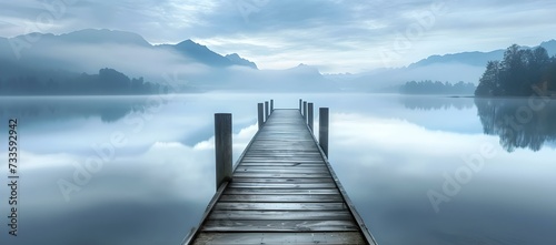 Serene lake view with foggy mountains and wooden pier. tranquil nature scene for calm backgrounds and zen themes. AI