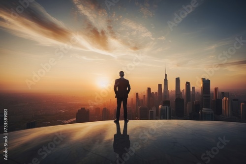 Businessman standing on top building and looking at sunset, business successful