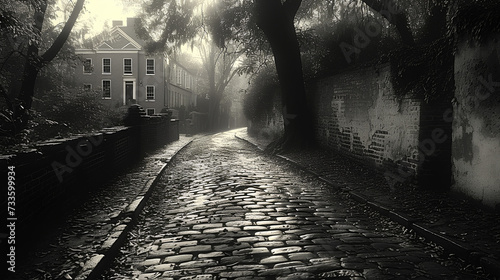 Tree-lined road - path - sunset - stylish and mysterious - black and white photograph - inspired by the scenery of Charleston South Carolina 