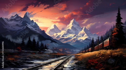 A snow-covered mountain pass with a winding road, surrounded by towering peaks and a sky painted in hues of orange and purple during the sunset