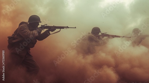 US Army soldiers fighting during military historical reconstruction amid a cloud of smoke.