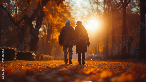 elderly old men and woman walking in the park, happy senior couple going for a walk in the park, pension retired couple in nature