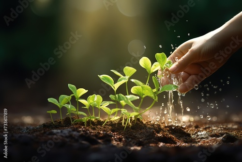 hands watering plant seeds that are growing upwards, caring for plants properly and correctly