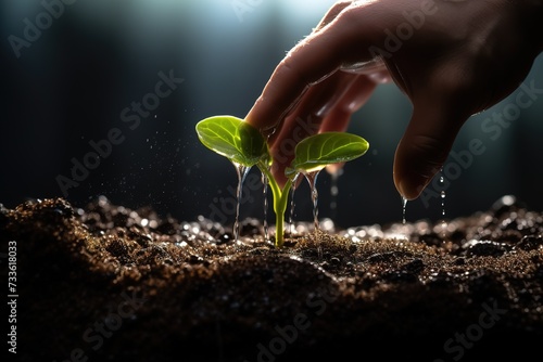 hands watering plant seeds that are growing upwards, caring for plants properly and correctly