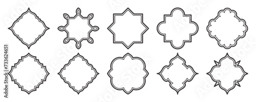Islamic frame shapes set. Ramadan window with ornament. Vector oriental decoration design. Arabian traditional outline elements and signs.