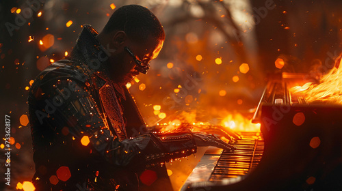 A cyborg pianist playing melodies with fire ring magic foretells the future