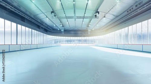empty indoor ice skating rink arena for winter sport like ice hockey.