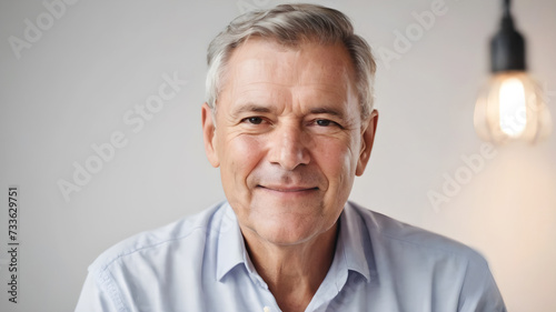 Smiling mature man on gray background. Old aged man portrait.