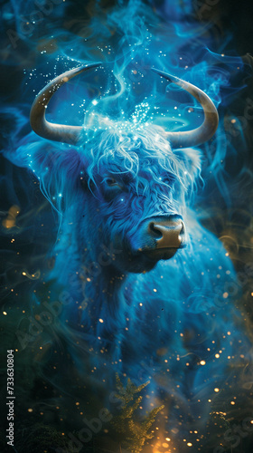 Highland cow appears as a hologram in smoke a genie lamps enchanting display