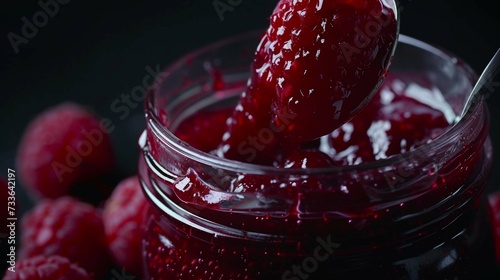 Raspberry jam in glass jar.