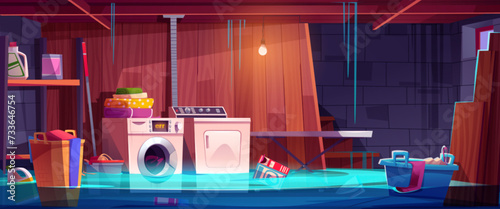 Flooded house basement room with damaged laundry equipment, boxes and hamper with clothes. Cartoon vector illustration of full of leaked water storehouse interior with washing and dryer machine.