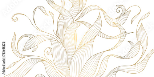 Vector gold leaf background pattern, floral abstract luxury art deco design. Premium elegant jungle line illustration. Fancy tropic summer ornament.