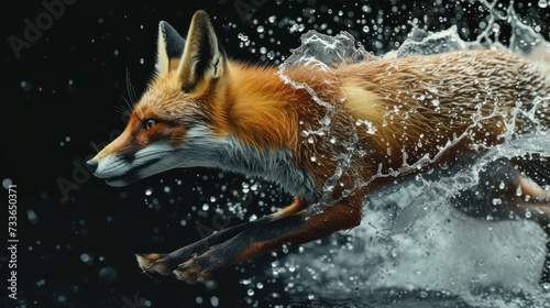 Beautiful red fox with splashing water on dark background