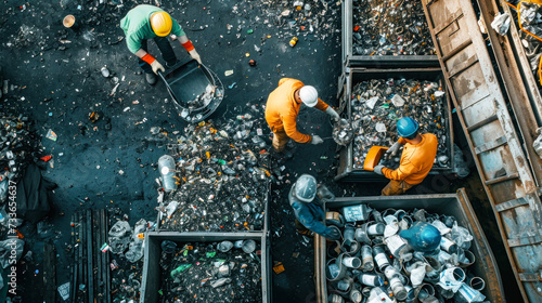 Group of Men Standing Around a Pile of Trash at Garbage Processing Plant