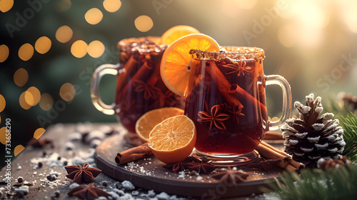 A glass of mulled wine with orange slices and spices, on a wooden table with a blurred background.