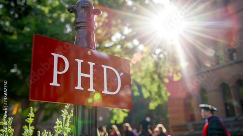 PHD concept image with PHD sign and PHD graduate students in background