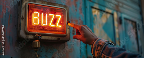 Buzz concept image with person hand touching a big buzzer button with written Buzz word