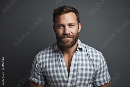 Portrait of a handsome bearded man over grey background. Men's beauty, fashion.