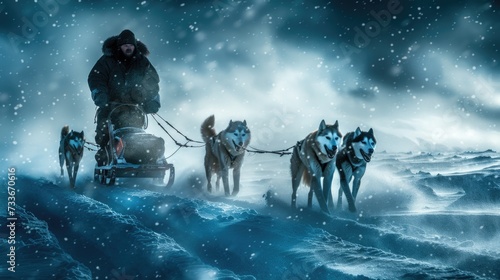 Frozen journey, person with sled of dogs traverses snowy antarctica, an epic adventure through icy landscapes with loyal canine companions, exploring the remote and pristine wildernes
