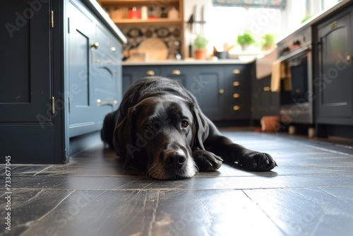 Abrador Dog Lying In Kitchen