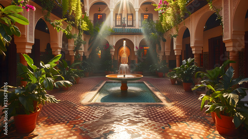 A Moroccan pool is surrounded by potted plants and a fountain in the middle. The room has arches and a high ceiling.