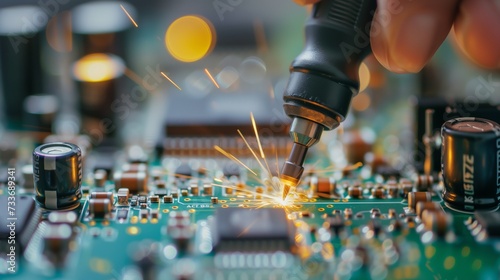 A technician's skilled hands repair a PCB with a soldering iron, captured in a vivid close-up as sparks highlight the precision required in electronic assembly and maintenance.