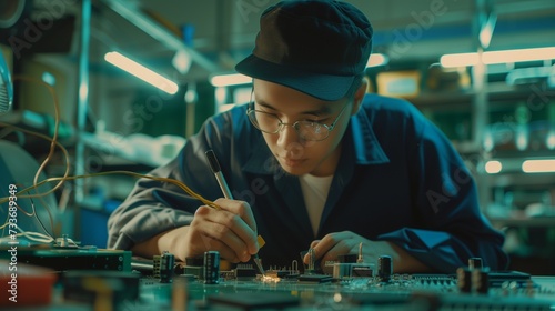 A skilled technician is deeply focused on repairing a circuit board with a soldering iron in a workshop, demonstrating precision in electronics maintenance and assembly.