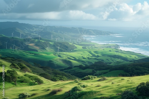 Sweeping Coastal Vistas Complement Wind Turbines On Green Hills, Embodying Sustainable Energy