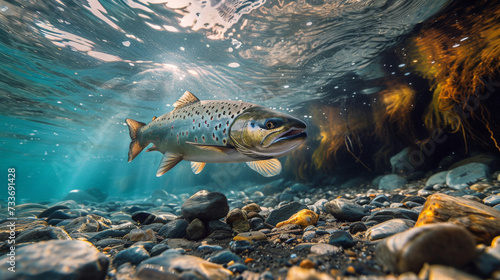 A solitary trout swims gracefully among river pebbles, with the sunlight filtering through the water surface creating a serene underwater scene.