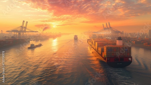 Tranquil Cargo Ship Sunrise: Calm waters reflecting the warm sunrise over a cargo ship and cranes at the port.