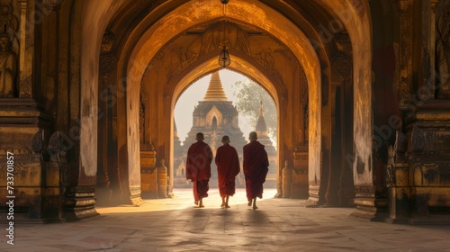 Back side of three Buddhist novice walking in a pagoda, in Myanmar