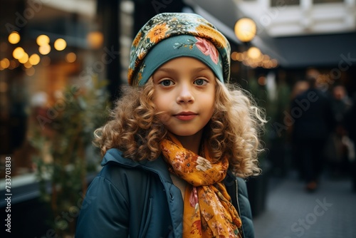 Portrait of a cute little girl with curly hair in a knitted hat and scarf on the street.