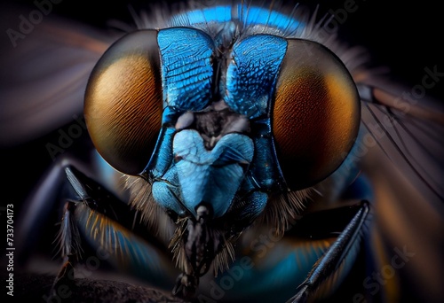 a close up of a blue fly insect with long antennae and large eyes, with a black background and a yellow border around the eyes and bottom half of the image is a blue and. Generative AI