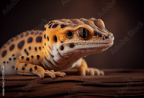 A close up of a leopard gecko on wood. Generative AI