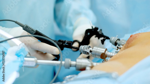 Operating room, team of surgeons performing laparoscopic intervention. Modern medicine, medical equipment in hospital. Laparoscope instruments. Doctors use endo-instruments and video cameras