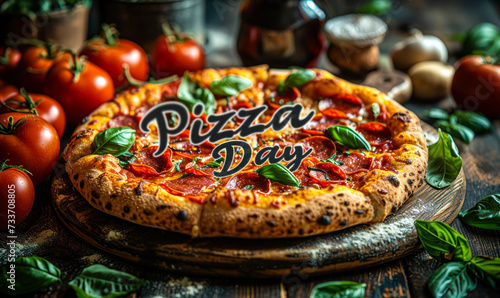 Gourmet pepperoni pizza ready to be enjoyed on Pizza Day with fresh tomatoes on the side and a rustic wooden ambiance