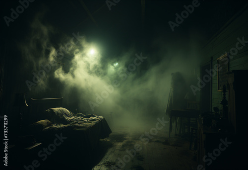 a dark creepy ghost town room of an abandoned house tree grown on with light by table lamps and moon light shine through foggy with a man silhouette standing in background