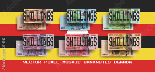 Vector set of pixel mosaic banknotes of Uganda. Collection of notes in denominations of 1000, 2000, 5000, 10000, 20000 and 50000 shillings. Obverse and reverse. Play money or flyers.