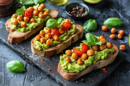 Open sandwiches toasts with salted salmon, avocado guacamole, roasted chickpeas